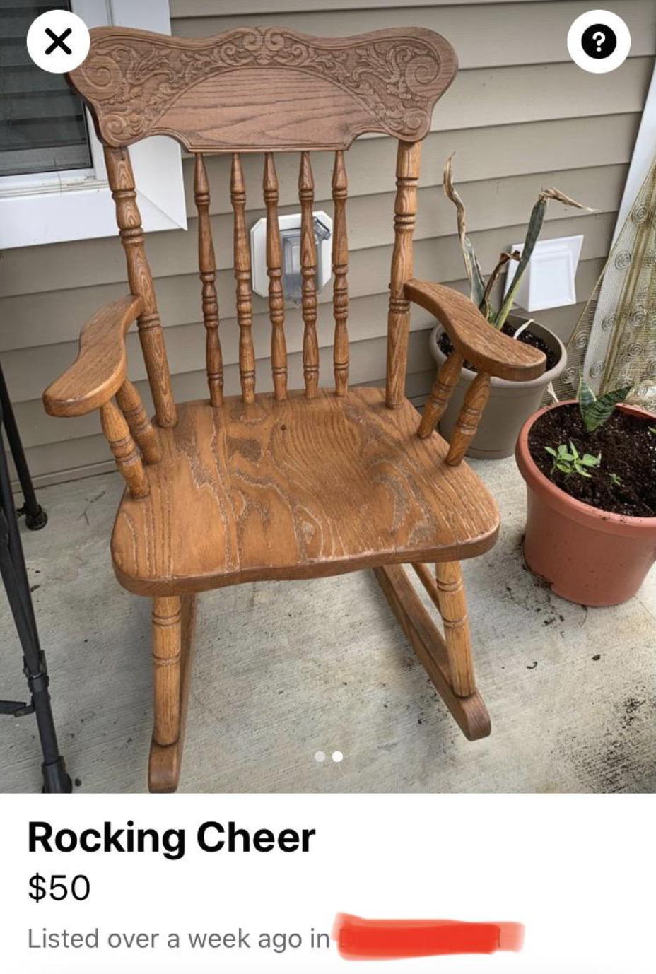 Chair for sale reading, &quot;Rocking cheer&quot;