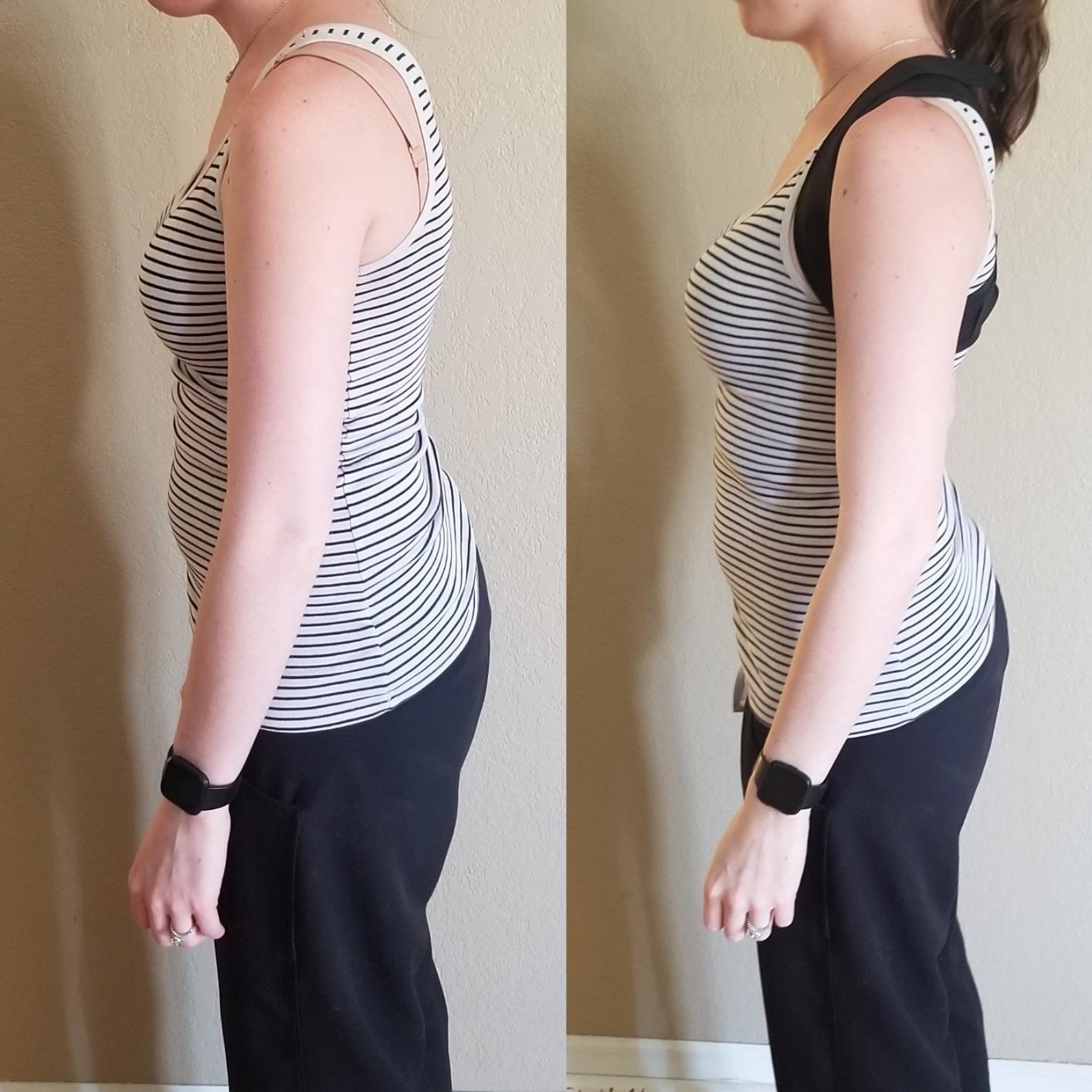 A before and after reviewer photo showing a profile view of an individual standing and another photo of the same individual wearing the posture corrector with their shoulders pulled back 