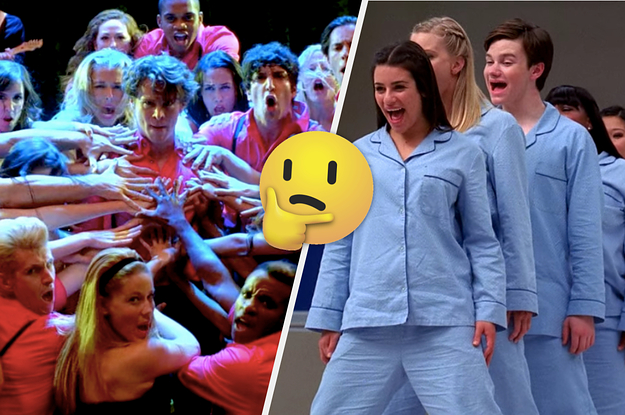 Jesse Saint James performing Bohemian Rhapsody and the New Directions in pajamas with a thinking face emoji in between