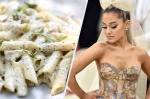 A plate of alfredo penne pasta is on the left with Ariana Grande wearing a huge bow on the right