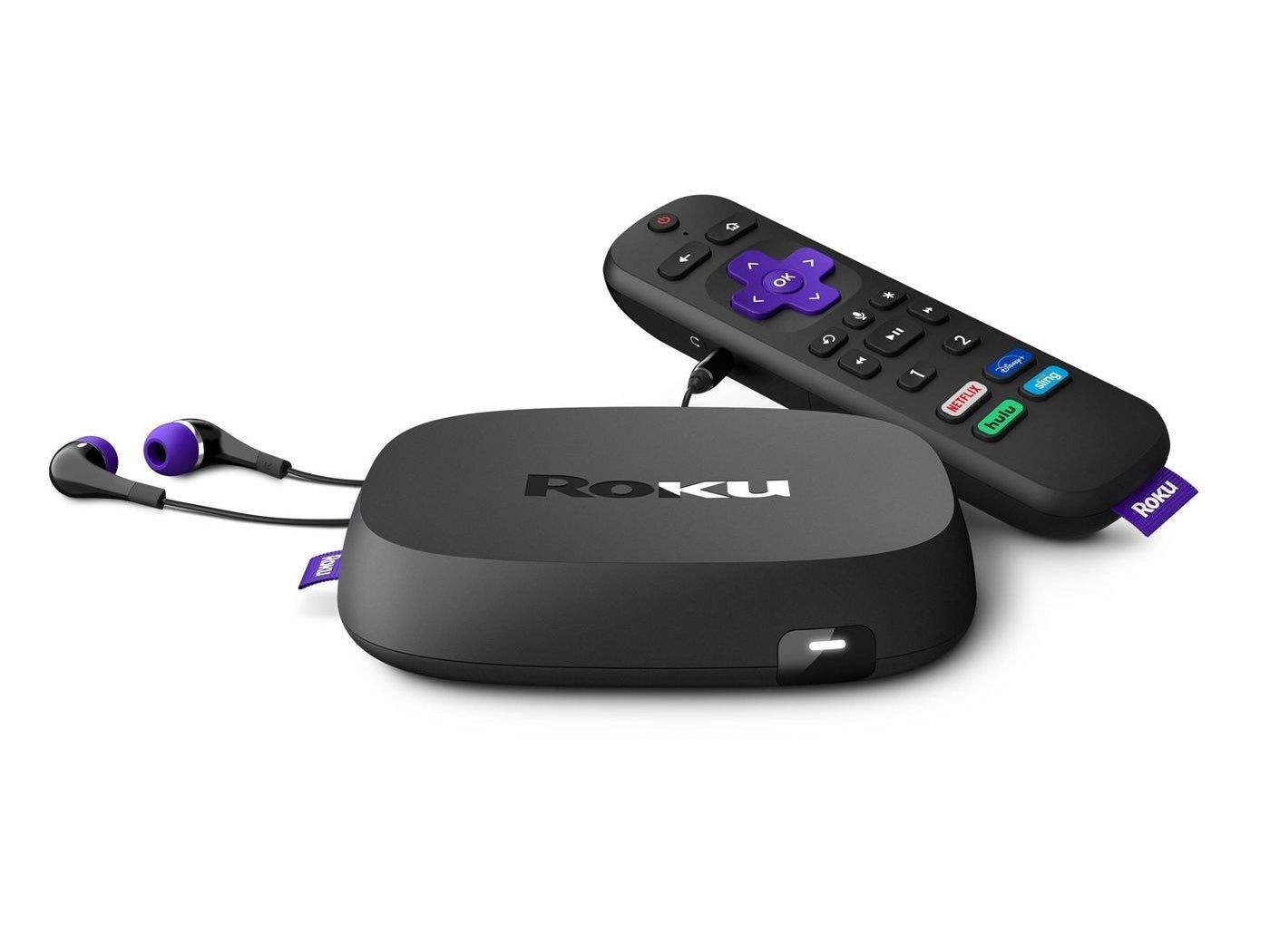 The Roku, and remote, shown with headphones plugged in.