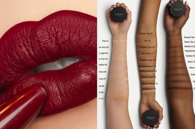 split thumbnail of person applying red lipstick, loose powder foundation swatches on models' forearms