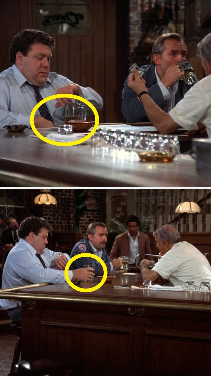 On &quot;Cheers,&quot; Norm&#x27;s hand isn&#x27;t on his glass, but in the next shot it is