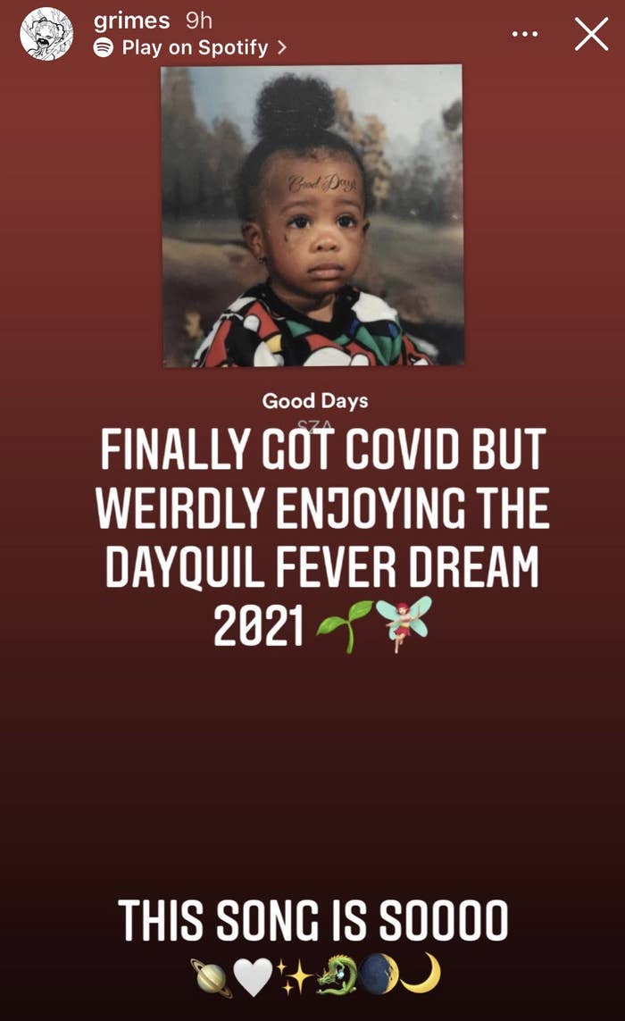 Grimes' Instagram Story detailing her COVID-19 diagnosis.