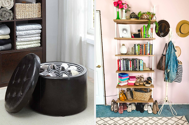 (left) Black shoe ottoman (right) wood six-tier bookcase
