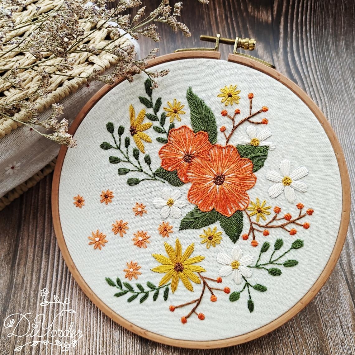 An embroidery hoop with a floral design on the cloth