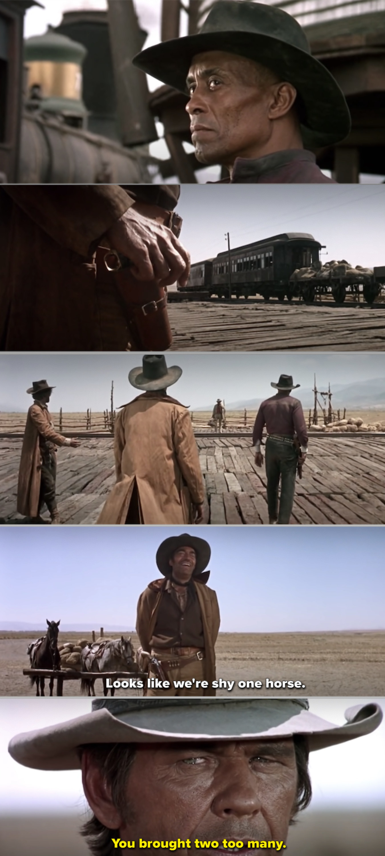 The gang preparing for a duel at the train station in the opening shot