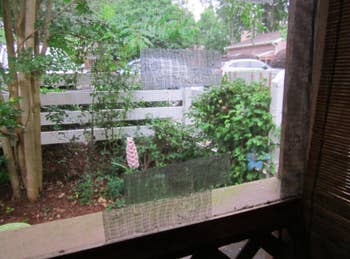 A reviewer photo of a piece of the repair tape on their window screen