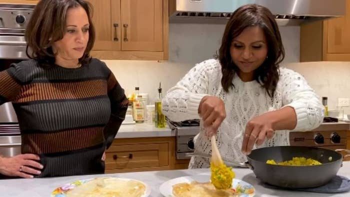 Mindy Kaling and Kamala Harris cooking together.