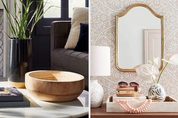 on the left a bowl and on right the gold mirror