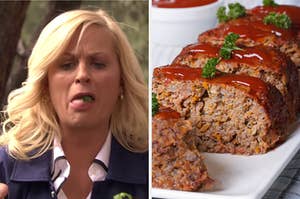 On the left, Leslie Knope from "Parks and Rec" spitting food out of her mouth, and on the right, slices of meatloaf