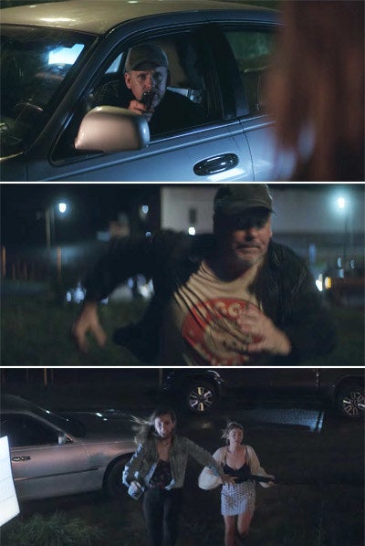 Sterling and Blair holding a gun and chasing after a guy