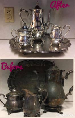A tea set so tarnished it's dark green then the same tea set looking new thanks to the polish