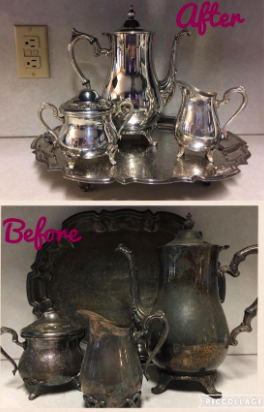 reviewer pic of tea set so tarnished it's dark green then the same tea set looking new thanks to the polish