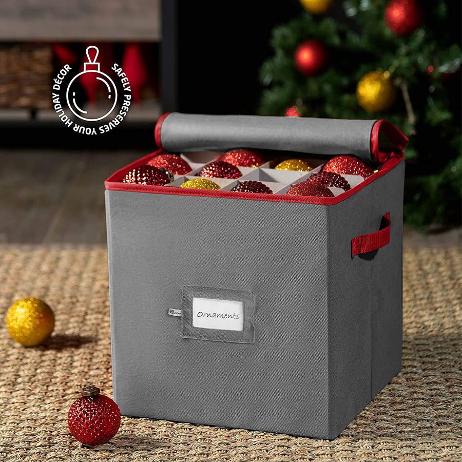 Whitmor Holiday Ornament Storage Cube with 64 Individual Compartments -  Durable Non-Woven Polypropylene Fabric - Clear Front Window - Removable Top