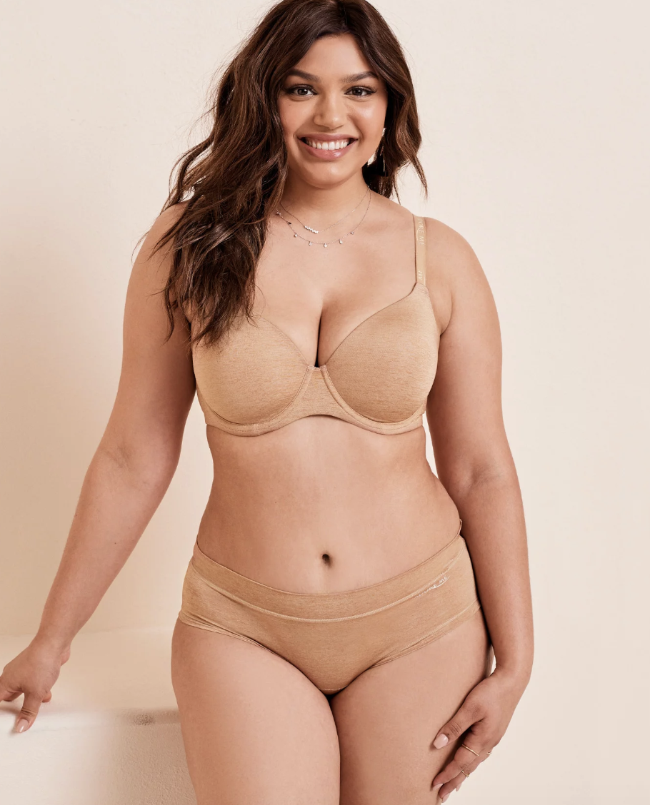 Model in beige bra and underwear set 