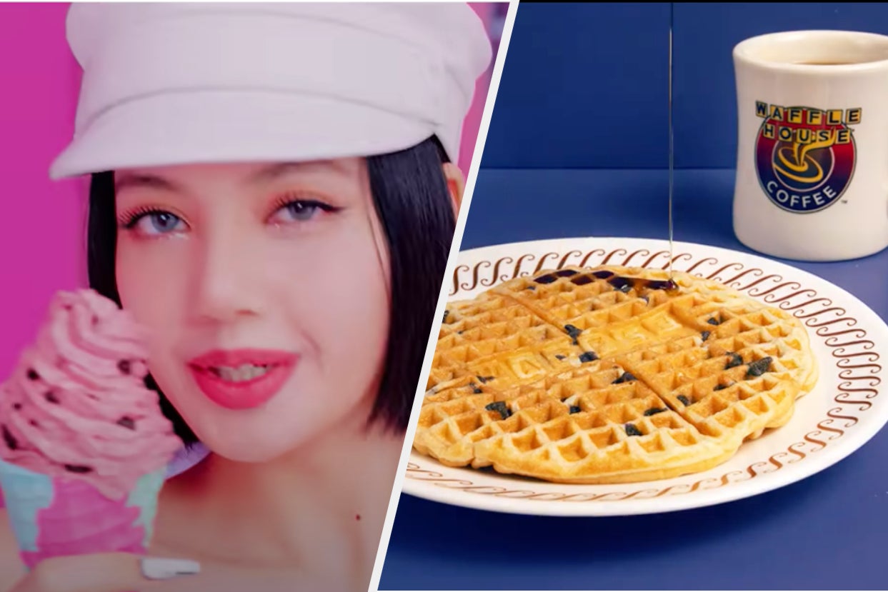 A Blackpink member is holding up an ice cream cone with a waffle and coffee on the right