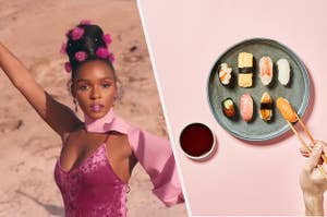 Janelle Monae posing for a music video next to a plate of fresh sushi