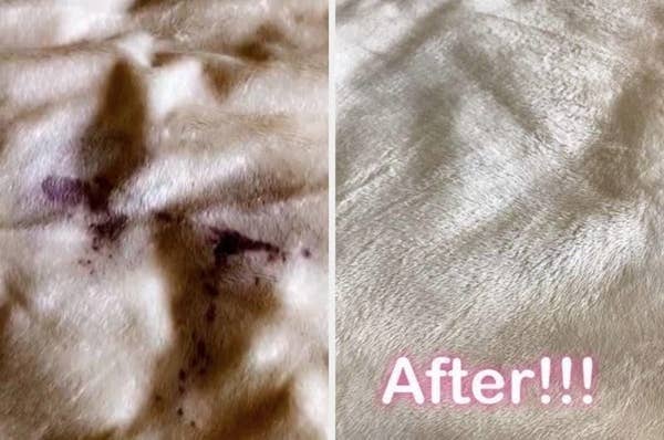 on the left, a reviewer's white blanket with a purple wine stain, and on the right, the same blanket, now completely free of the stain
