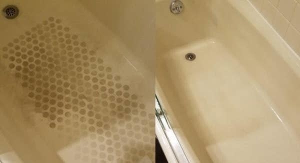 On the left, the bottom of a tub covered with soap scum and grime, and on the right the same tub, but it&#x27;s now completely clean
