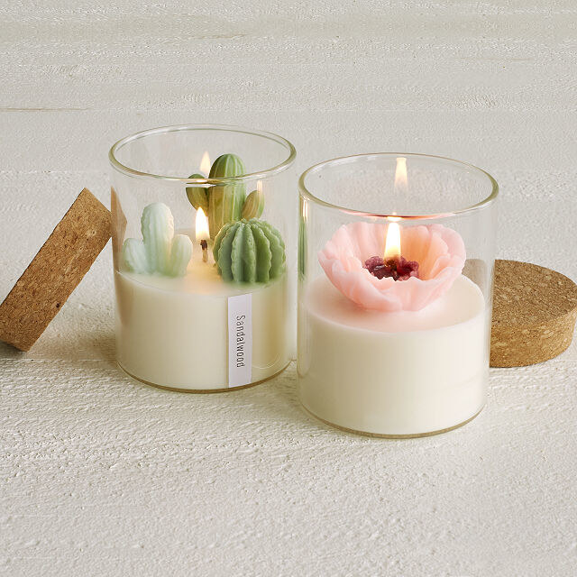 glass candle holder with a cork top and white wax, and either three wax cacti or a wax flower on top
