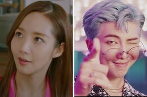 On the left, a still from the K-drama "Her Private Life," and on the right, RM from BTS in the "Dynamite" music video
