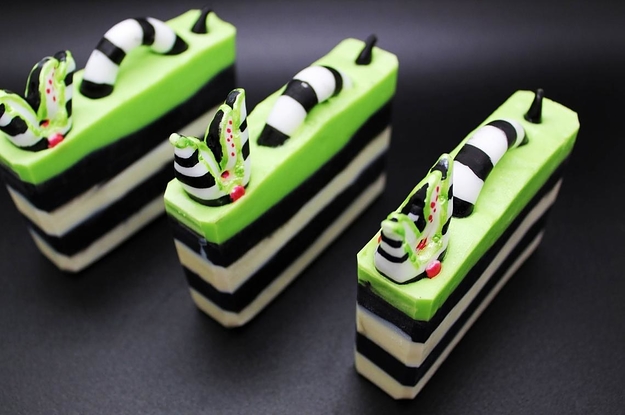 black and white striped soap with green top layer and sandworm coming out of the top