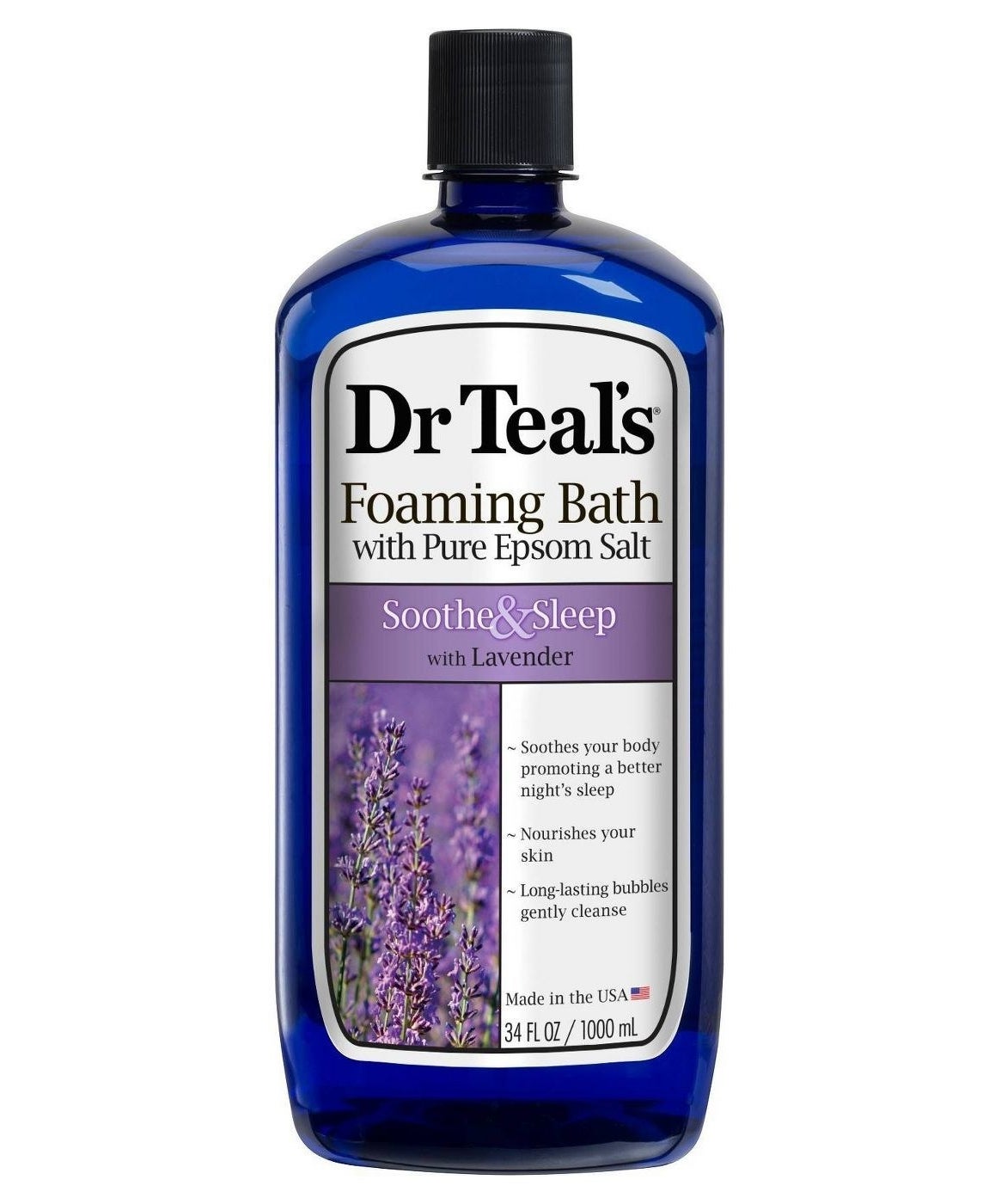 bottle of dr teal's foaming bath with pure epson salt and lavender essense