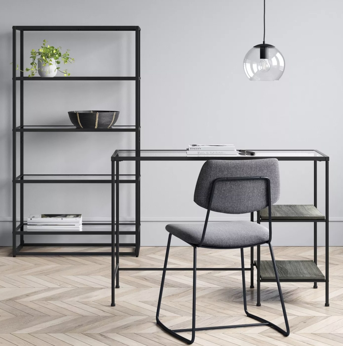 The glass desk with metal accents