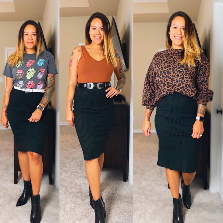 A reviewer wearing the skirt in black