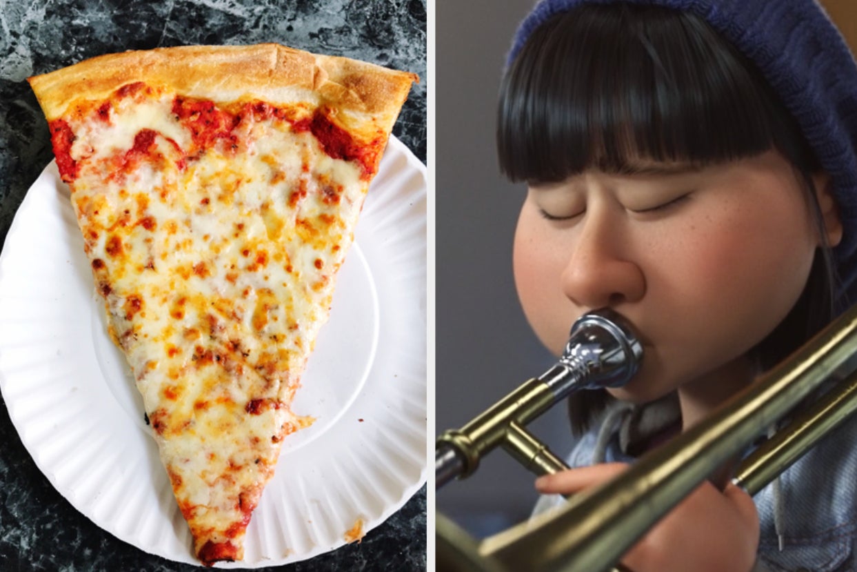 Connie player her trombone and a slice of pizza