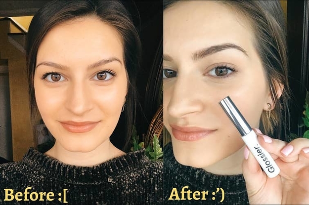 BuzzFeed Shopping editor showing the before-and-after of her eyebrows looking more filled in and defined