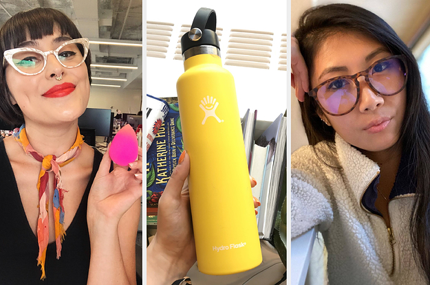 on the left the writer with a beauty blender, in the middle the writer holding a yellow hydro flask, on the right a reviewer in blue light blocking glasses