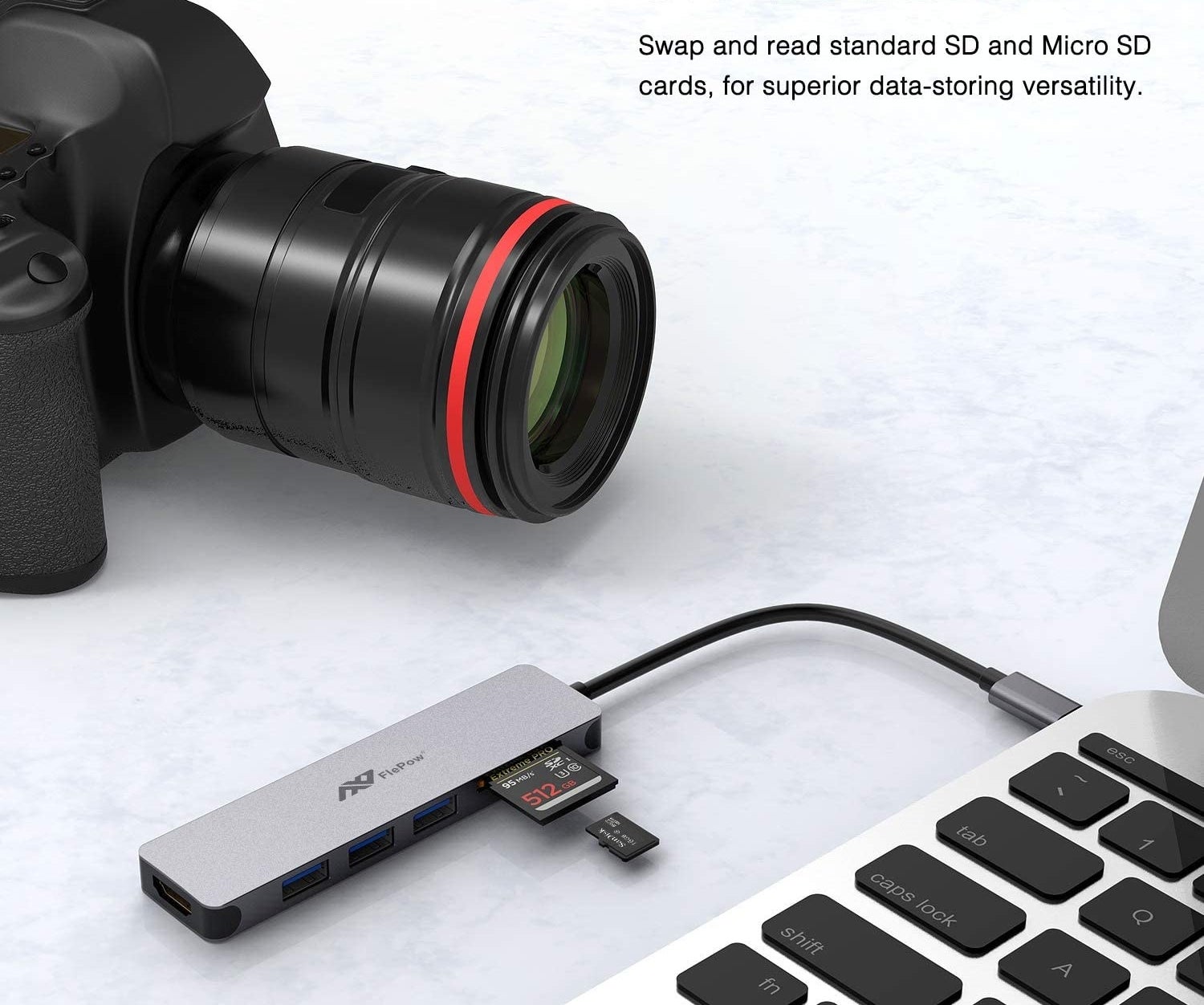 adapter connected into a laptop with an SD card in it next to a camera