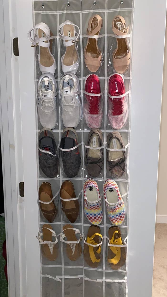 Reviewer uses the organizer to stash their kitten heels and slip-on sneakers