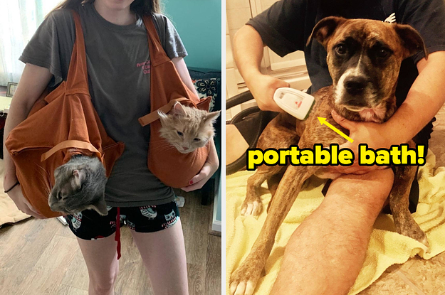 L: Reviewer holding two cats in bag carriers on their arms R: Dog being washed with a portable bath tool