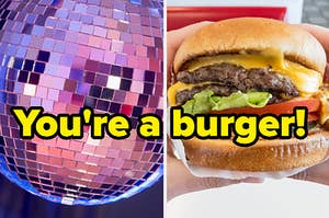 A disco ball and a two hands holding a burger.