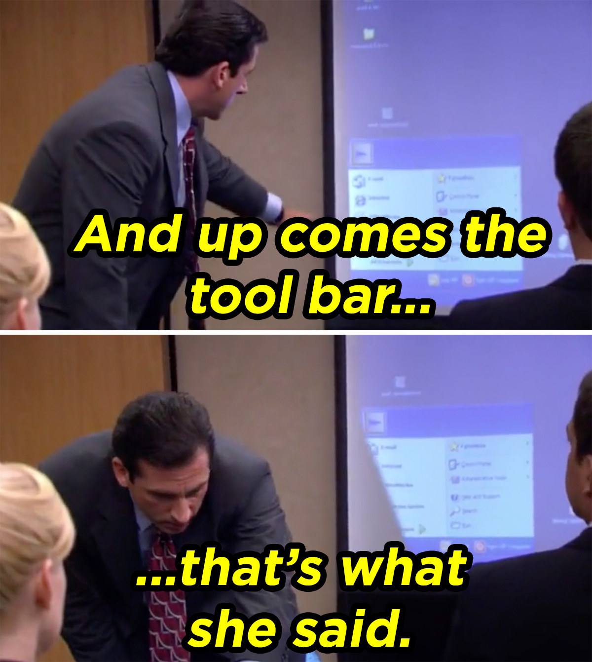 a man in a suit and tie points at a computer in an office meeting room saying and up comes the tool bar that&#x27;s what she said