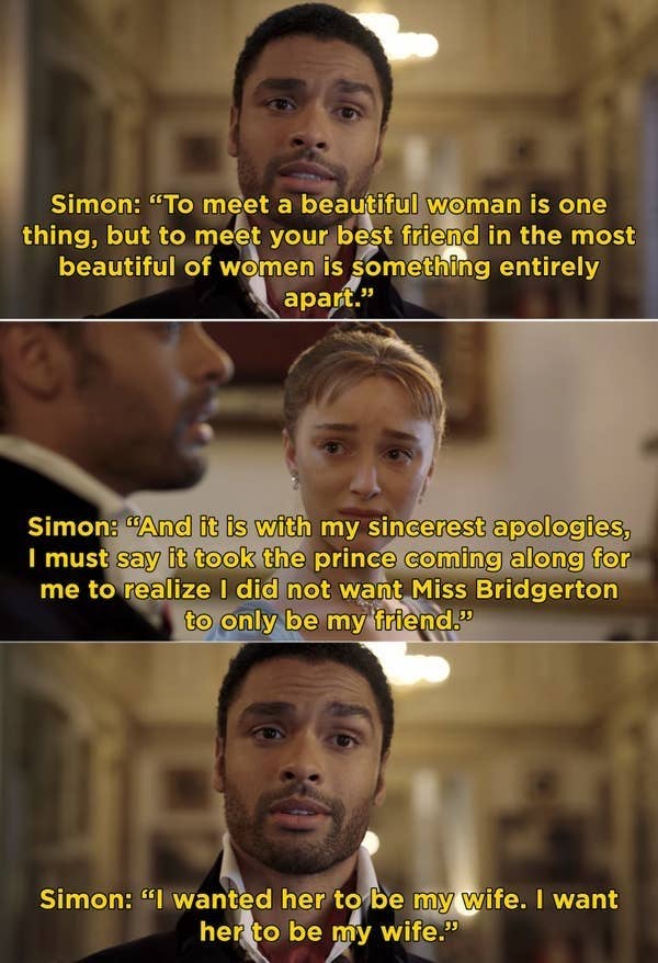 Simon giving his speech about marrying Daphne to the Queen in "Bridgerton"