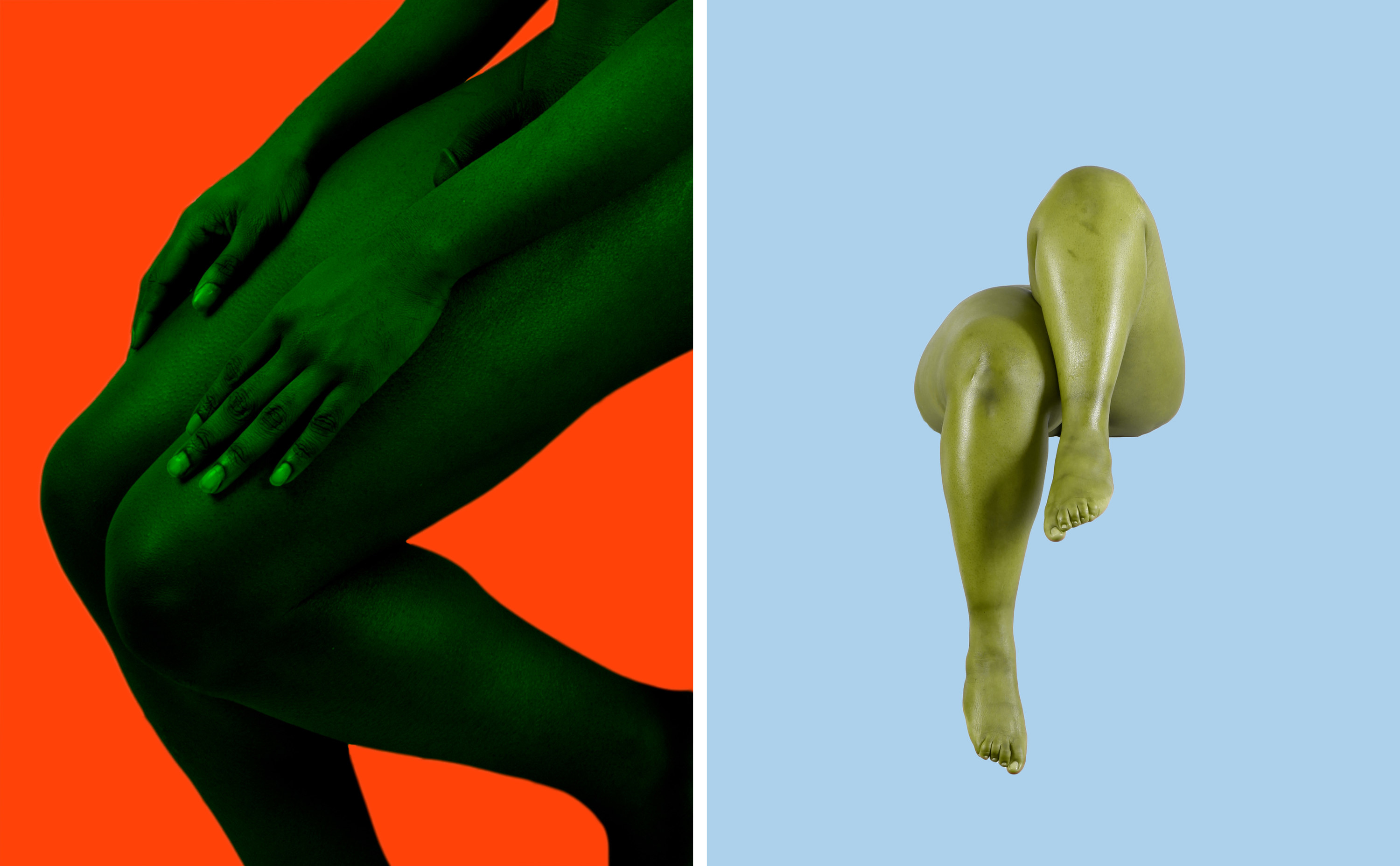 Disembodied body parts on color backgrounds