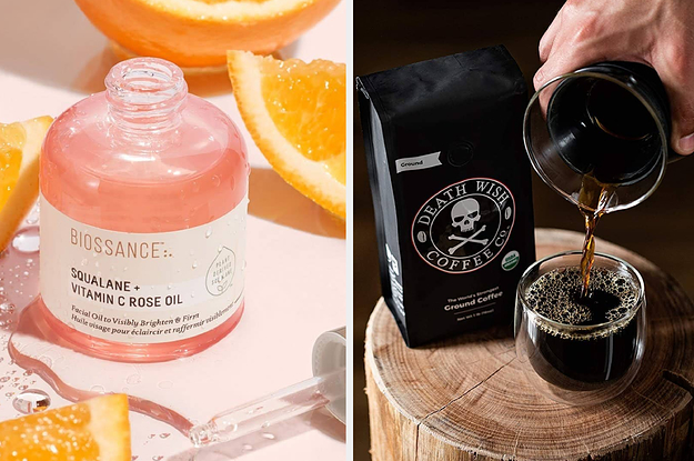 on the left a pink bottle of biossance squalane and vitamin c rose oil serum, on the right a bag and cup of death wish coffee