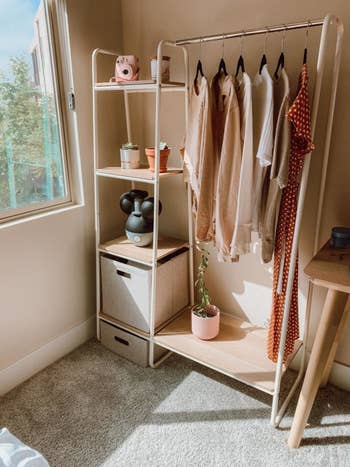 Reviewer's light wood garment rack with pink blouses, a red dress, and storage shelves displaying a camera, sculptures, and succulents