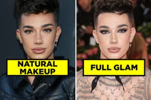 James Charles in natural makeup, and him in full glam makeup