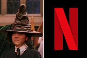 Ron is sitting under a sorting hat on the left with the Netflix logo on the right