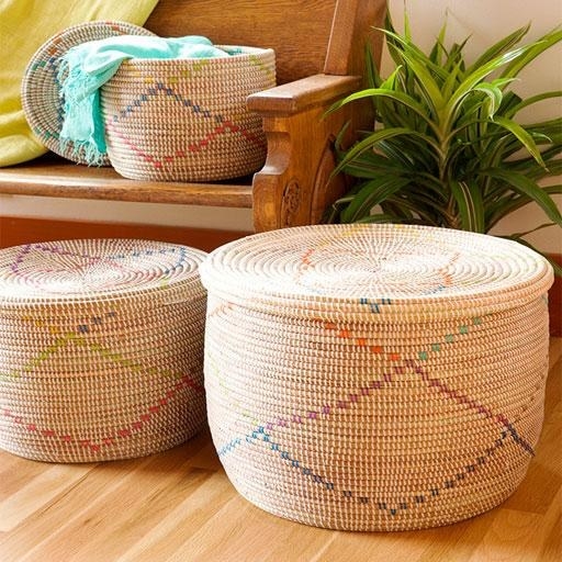 neutral baskets in small, medium, and large with sparse crisscrossing lines of rainbow color 