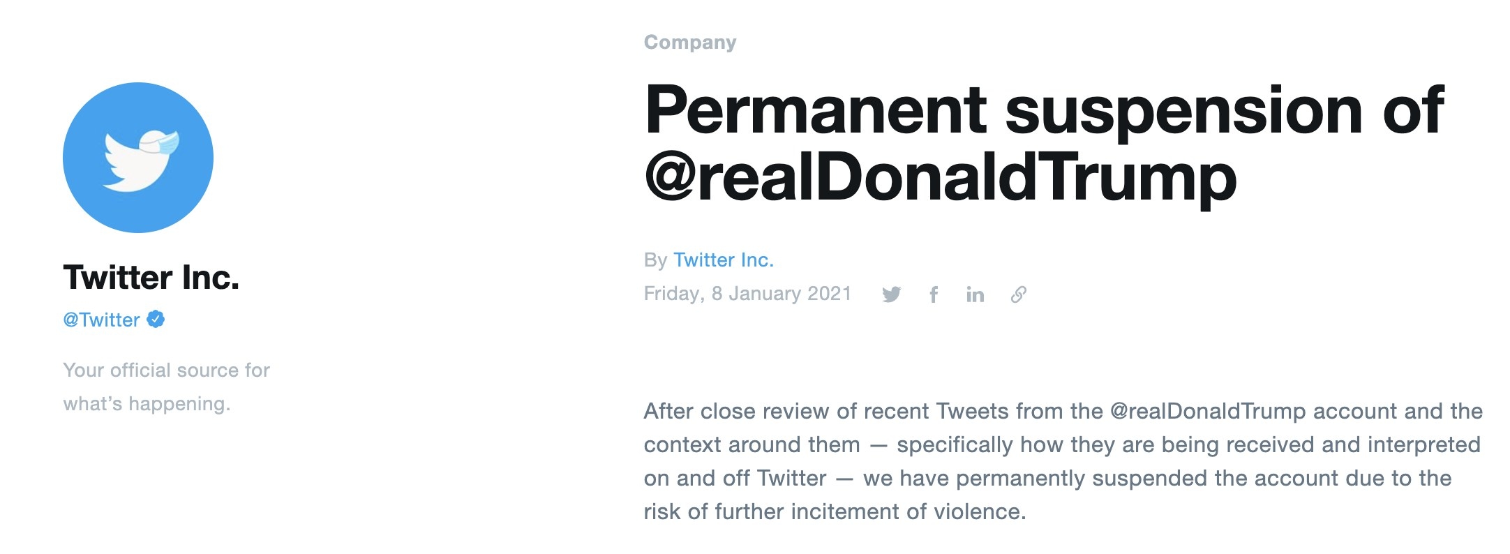 A screenshot of Twitter&#x27;s announcement about Donald Trump being banned from the app