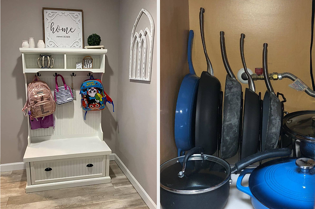 hall tree with kids backpacks and neatly stacked skillets standing on their ends