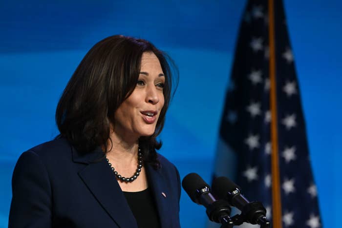 US Vice President-elect Kamala Harris speaks at an event