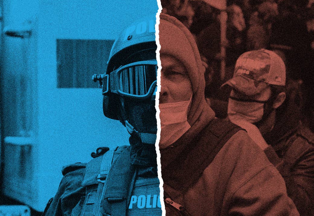 A split image of a police officer in riot gear and a rioter from the US Capitol building
