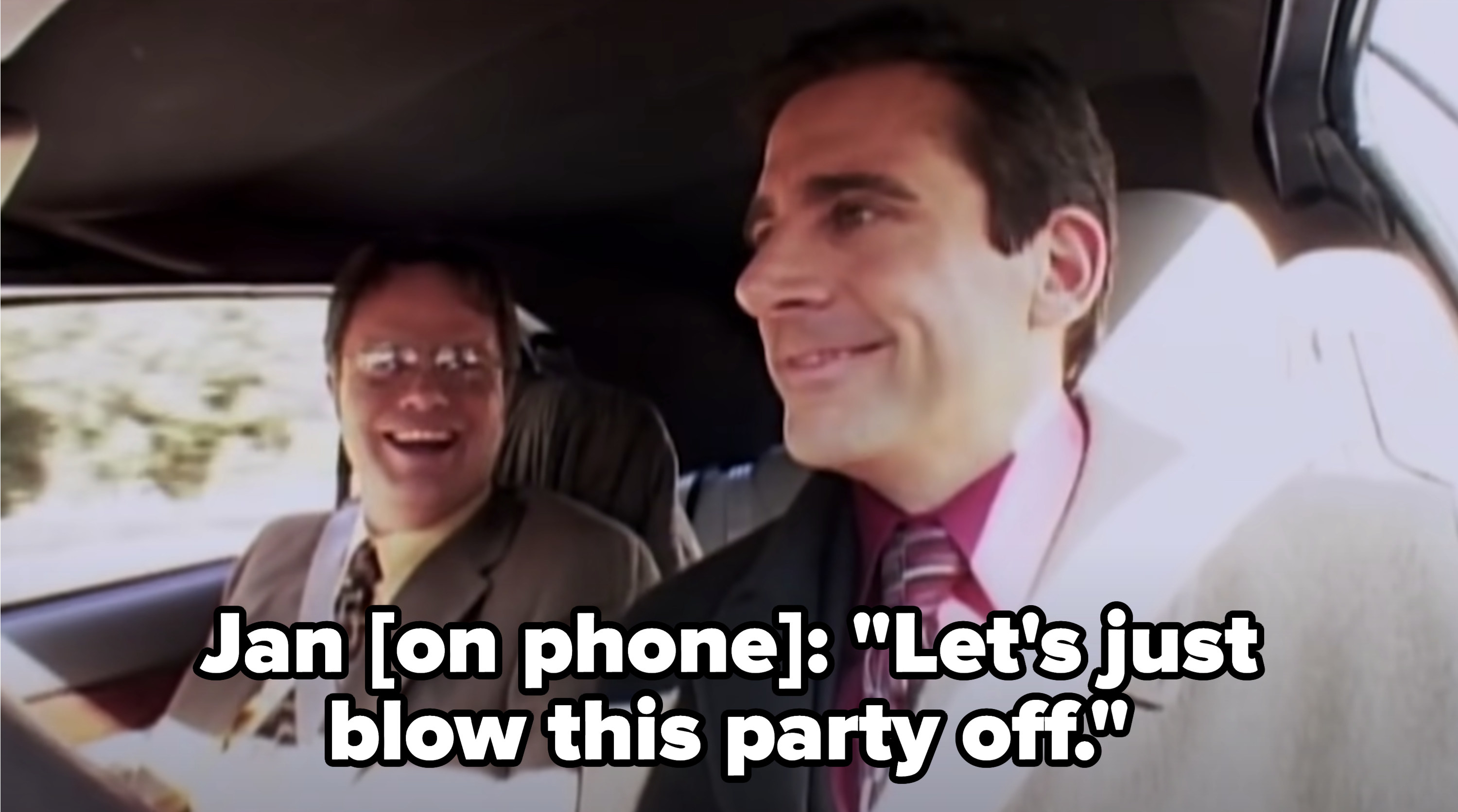 two men in suits are driving a car, while over the car phone a woman says &quot;let&#x27;s just blow this party off&quot;